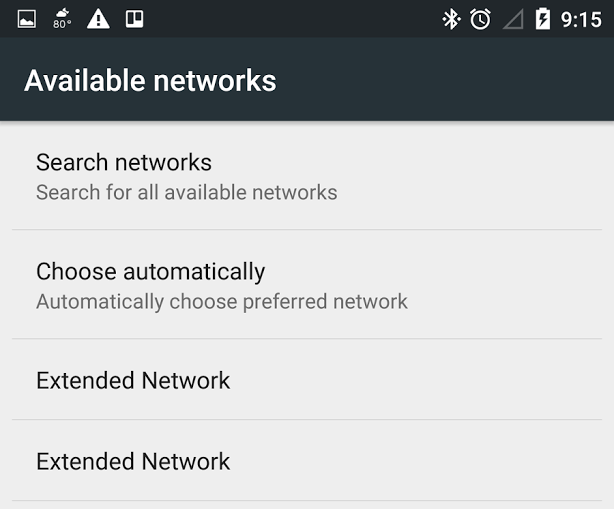 Moto X available networks (two Extended Network selections)